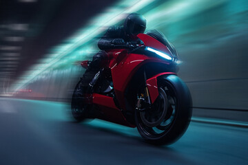 AI Image. Motion blur of the motorcyclist driving high speed motorcycle