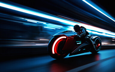 AI Image. Motion blur of the motorcyclist driving high speed motorcycle