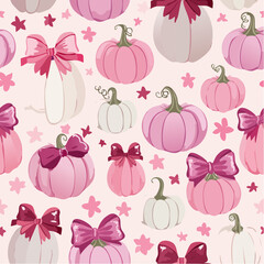 Seamless vector pattern with cute coquette pumpkins with burgundy bows. Pink halloween symbols on background. Autumn vegetables texture for wallpaper, ...