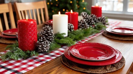 Candles and white plates arranged on a table with a red checkered cloth in soft daylight.
