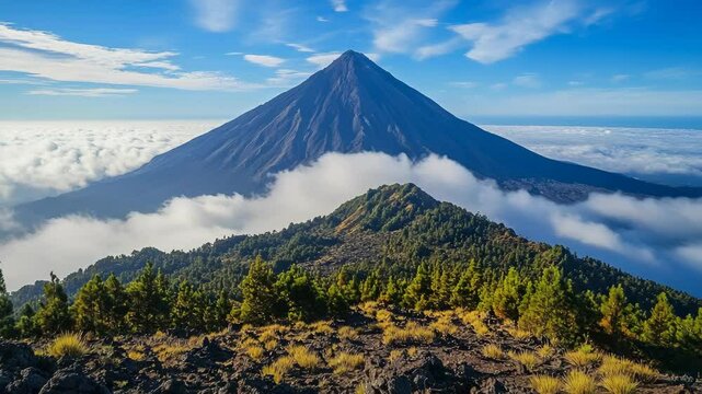 Majestic mountain landscape with volcanic peak surrounded by lush greenery and clouds