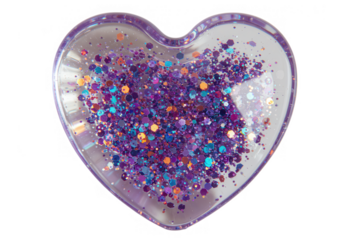 A transparent heart filled with vibrant purple glitter sparkles, symbolizing love and celebration isolated on transparent background