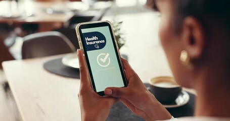 Phone screen, health insurance and hands of person in cafe for digital application, ui and check. Claims status, membership benefits and medical app with woman for biometric login and online review