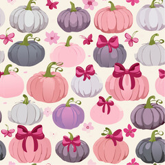 Seamless vector pattern with cute coquette pumpkins with burgundy bows. Pink halloween symbols on background. Autumn vegetables texture for wallpaper, ...