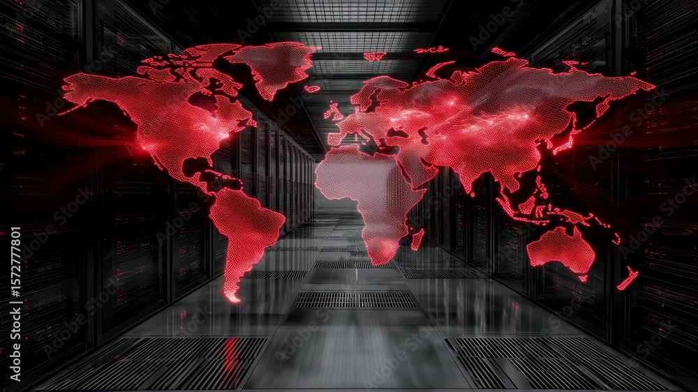 Poster darkened server room depicted with a vivid world map showcasing intense red data streams that indica