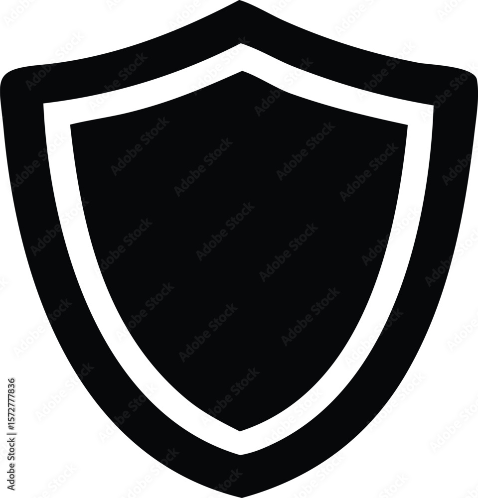 Poster a simple black shield icon with a white outline representing protection security and defense in a mi