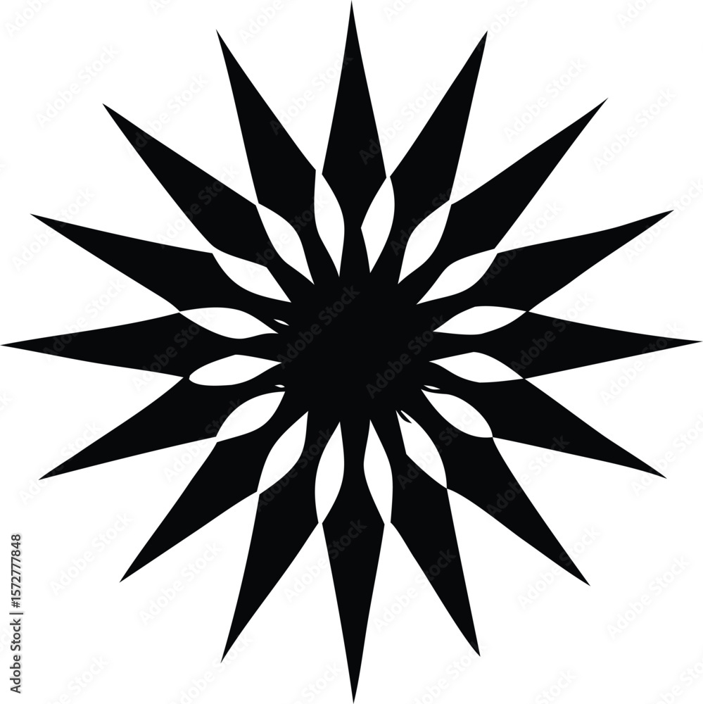 Poster intricate black starburst pattern with interlocking petal like shapes and sharp points on a white ba