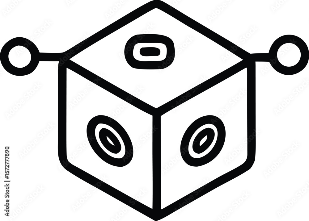 Poster stylized black and white geometric cube with circular elements and side protrusions resembling a uni