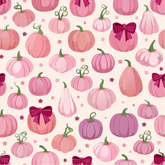 Seamless vector pattern with cute coquette pumpkins with burgundy bows. Pink halloween symbols on background. Autumn vegetables texture for wallpaper, ...