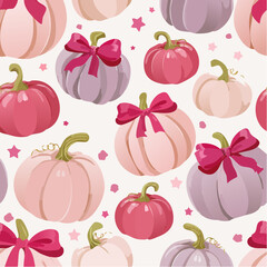 Seamless vector pattern with cute coquette pumpkins with burgundy bows. Pink halloween symbols on background. Autumn vegetables texture for wallpaper, ...