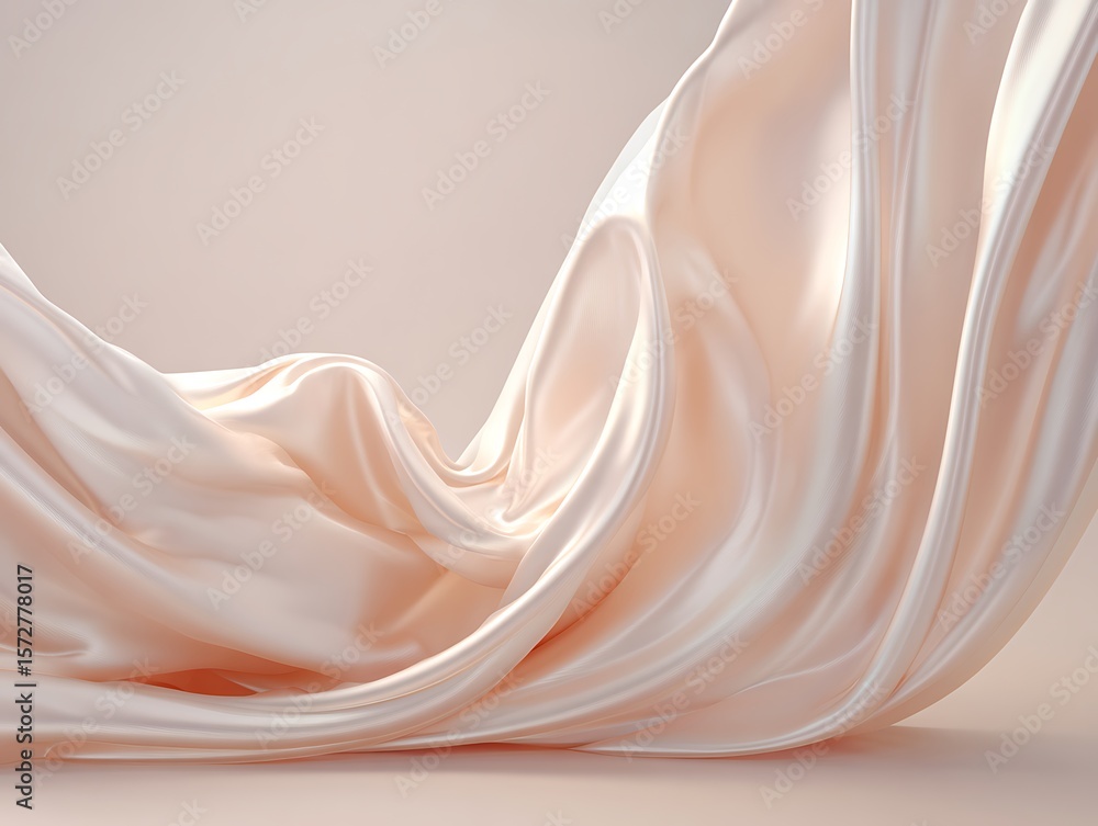Poster a soft peach colored fabric draped elegantly with flowing curves and gentle folds on a neutral backg