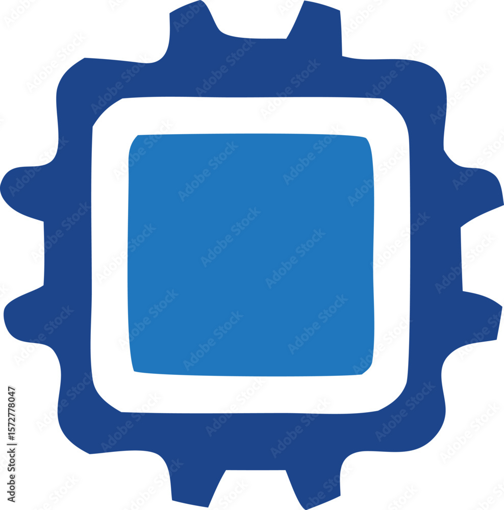 Poster abstract geometric design featuring interlocking blue shapes with a central square and a gear like o