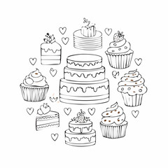 Set of hand drawn wedding and birthday cakes, cupcakes and pies. Whimsical doodle desserts illustrations. Coquette bakery items. Line art sweet pastry ...