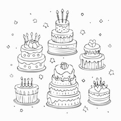 Set of hand drawn wedding and birthday cakes, cupcakes and pies. Whimsical doodle desserts illustrations. Coquette bakery items. Line art sweet pastry ...