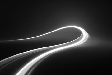 Minimalist white light lines bending and curving through a gradient dark space