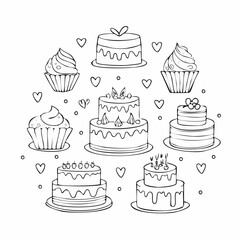 Set of hand drawn wedding and birthday cakes, cupcakes and pies. Whimsical doodle desserts illustrations. Coquette bakery items. Line art sweet pastry ...