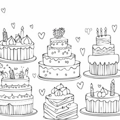 Set of hand drawn wedding and birthday cakes, cupcakes and pies. Whimsical doodle desserts illustrations. Coquette bakery items. Line art sweet pastry ...