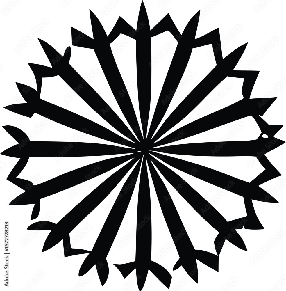 Poster intricate black starburst pattern with jagged edges and leaf like protrusions radiating from a centr