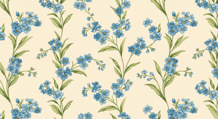 Fototapeta premium Cream background with repeating pattern of blue forget-me-not flowers and green stems, showcasing delicate floral design, ideal for textile or wallpaper