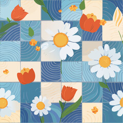 Seamless vector pattern with handpainted ceramic tiles in naive art style. Checkerboard background with daisy and tulip flowers, waves, abstract lines. Geometric retro ...