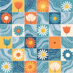 Seamless vector pattern with handpainted ceramic tiles in naive art style. Checkerboard background with daisy and tulip flowers, waves, abstract lines. Geometric retro ...