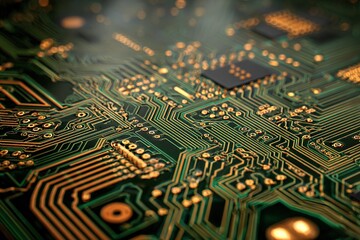 A close-up of a green printed circuit board with detailed copper traces and microchips, high tech texture 
