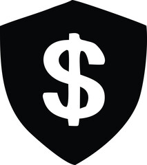 A bold white dollar sign is centrally placed within a solid black shield emblem symbolizing financial security and protection