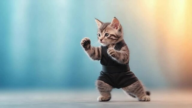 Kitten animal pet martial arts pose uniform training discipline focus readiness