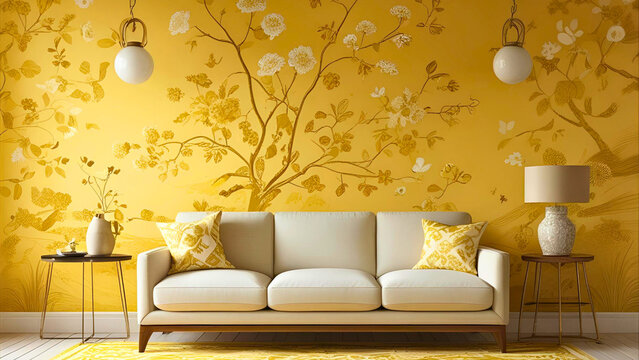 Elegant living room showcases a floral yellow wallpaper accentuating a comfortable white sofa with patterned pillows