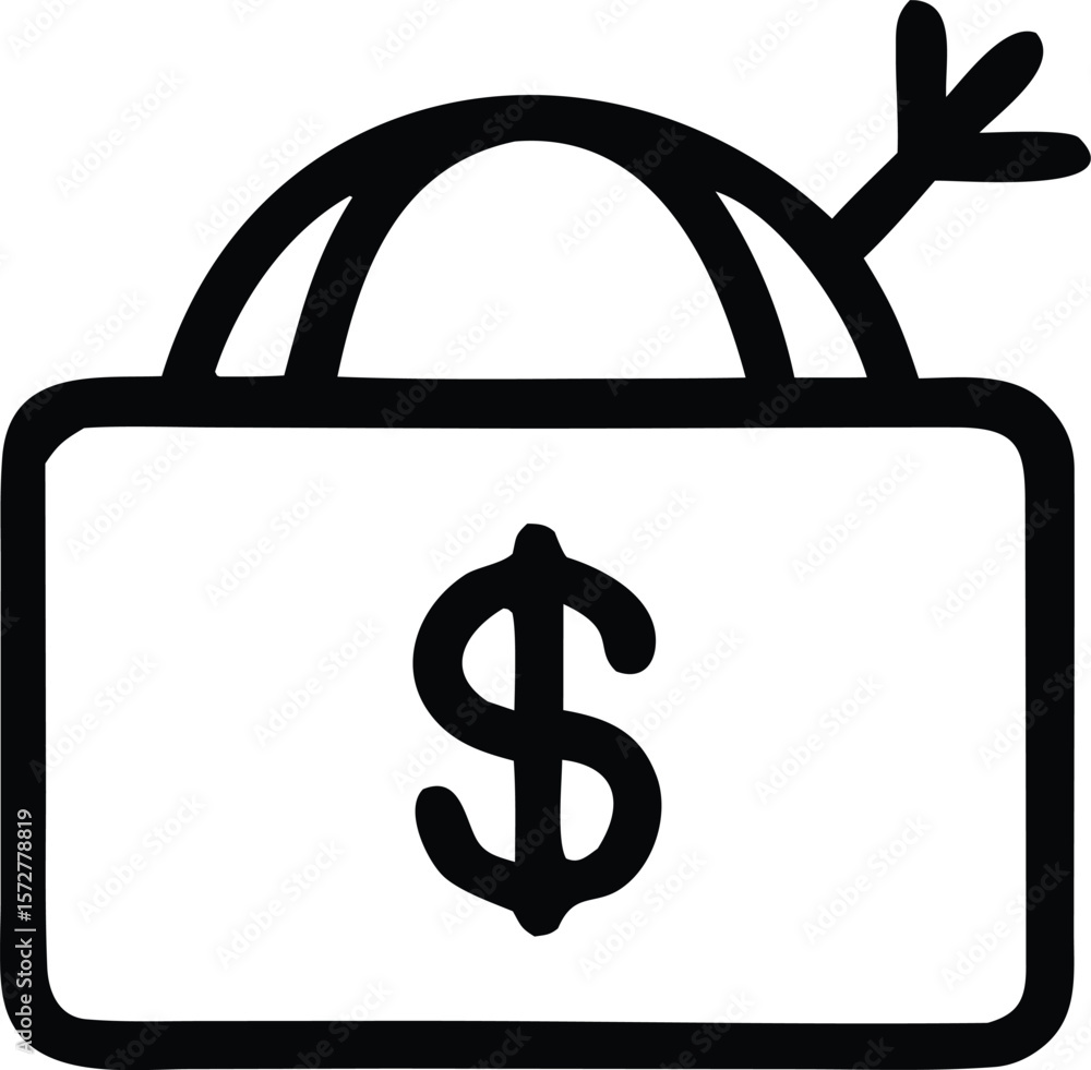 Aufkleber stylized black outline of a briefcase with a prominent dollar sign and a dart hitting its top curve 