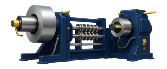 Slitting line with a decoiler and recoiler for processing steel coils in a metal fabrication plant