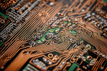 A close-up of a green printed circuit board with detailed copper traces and microchips, high tech texture 