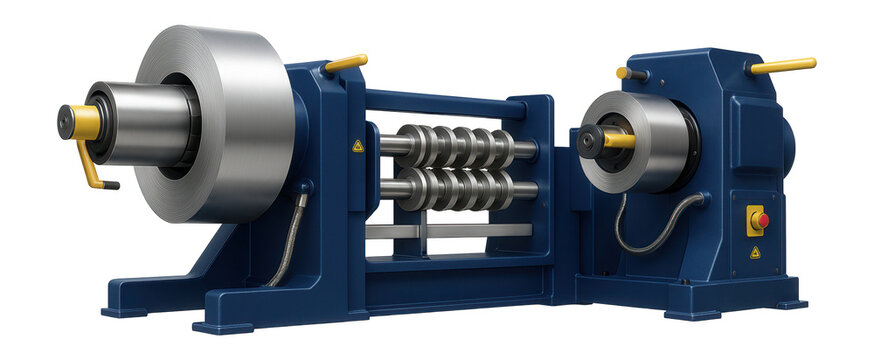 Slitting line with a decoiler and recoiler for processing steel coils in a metal fabrication plant