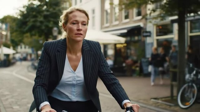 european mobility week. close up on caucasian businesswoman in suit on bike at city streets. concept of urban commute, sustainable transport, professional urban lifestyle - Powered by Adobe