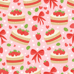 Seamless vector pattern with cute bento strawberry cake and red bows. Girly dessert on pink background. Hand drawn doodle coquette texture for wallpaper, wrapping paper, textile ...
