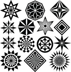 Collection of diverse geometric starbursts and abstract radial patterns in black and white