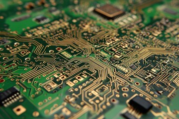 A close-up of a green printed circuit board with detailed copper traces and microchips, high tech texture 