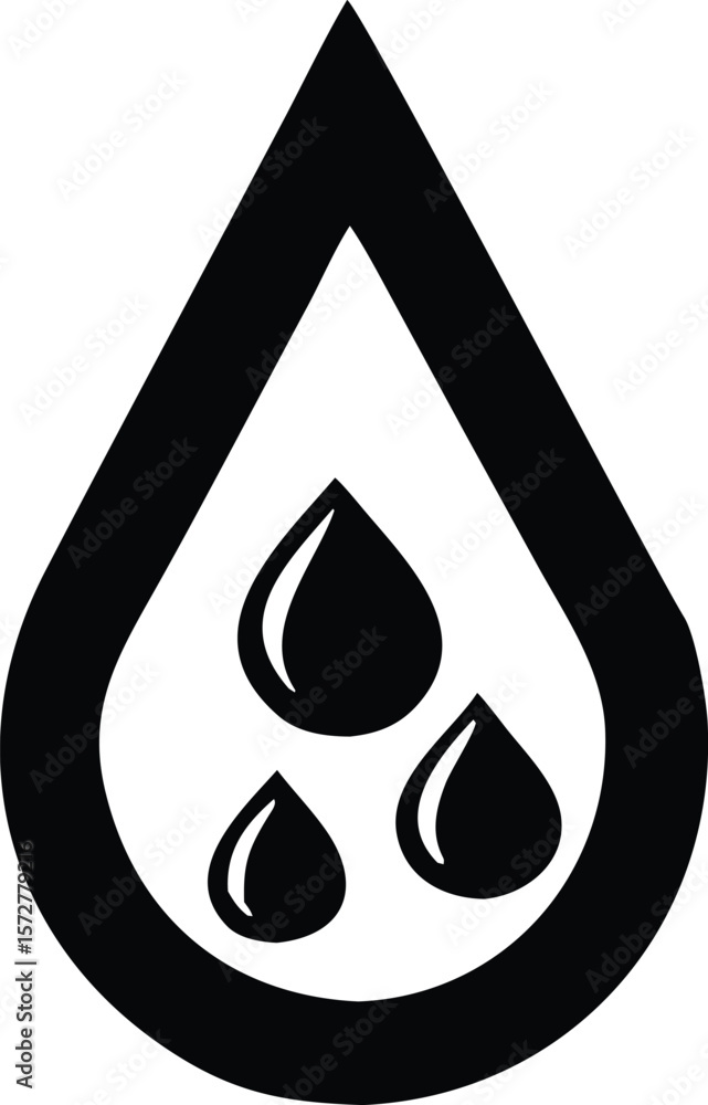 Poster stylized black outline of a large teardrop shape containing three smaller glossy black teardrop shap