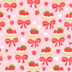 Seamless vector pattern with cute bento strawberry cake and red bows. Girly dessert on pink background. Hand drawn doodle coquette texture for wallpaper, wrapping paper, textile ...