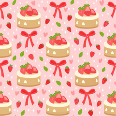 Seamless vector pattern with cute bento strawberry cake and red bows. Girly dessert on pink background. Hand drawn doodle coquette texture for wallpaper, wrapping paper, textile ...