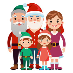 Fototapeta premium Happy cartoon Christmas family with Santa and Mrs. Claus and children vector illustration for holiday celebrations.