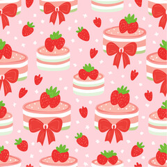 Seamless vector pattern with cute bento strawberry cake and red bows. Girly dessert on pink background. Hand drawn doodle coquette texture for wallpaper, wrapping paper, textile ...