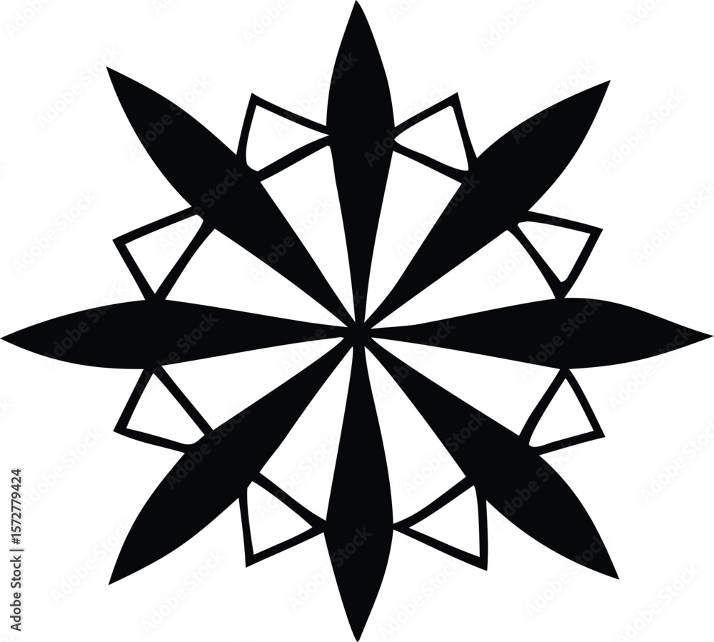 Poster geometric black starburst mandala design with intersecting triangles and petal shapes on a white bac