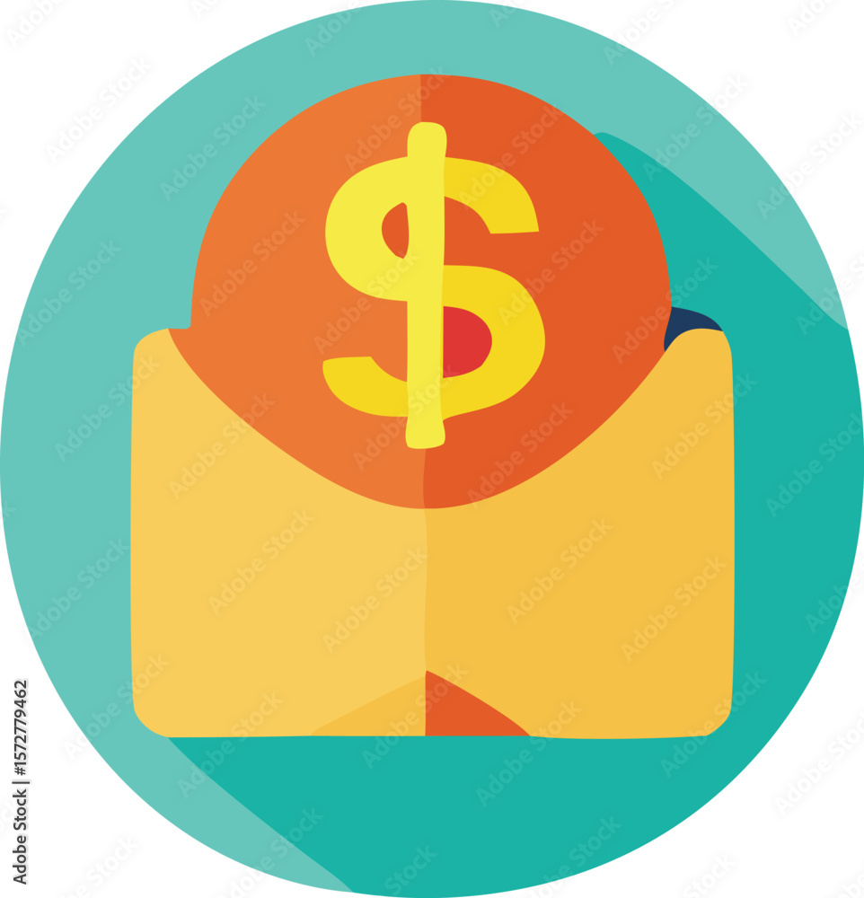 Poster stylized flat icon depicting a golden dollar coin emerging from an open yellow envelope against a te