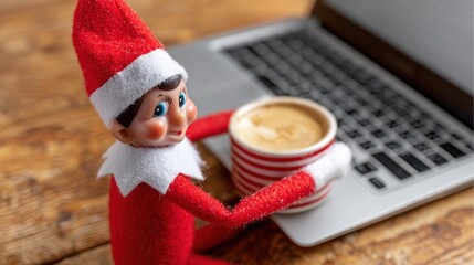 Elf figurine sitting beside a laptop on a wooden desk with soft natural lighting.