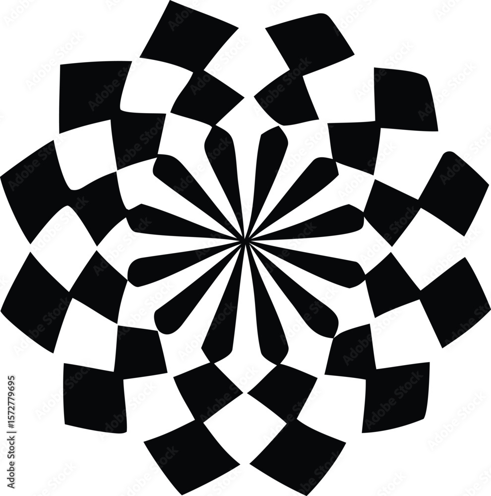 Poster abstract black and white geometric radial pattern with checkerboard elements and sunburst design