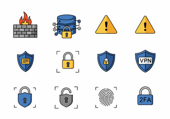 Illustration showing various cybersecurity icons including firewalls and data protection methods