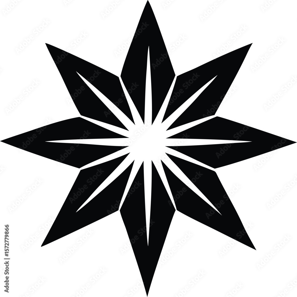 Poster a striking black geometric starburst design with sharp pointed rays emanating from a bright white ce