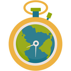 Earth Hour Illustration. Save the planet concept for Earth Hour and World Earth Day. Vector illustration of a clock on planet Earth at night with green light bulb and plant. Environmental conservation