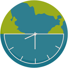 Earth Hour Illustration. Save the planet concept for Earth Hour and World Earth Day. Vector illustration of a clock on planet Earth at night with green light bulb and plant. Environmental conservation
